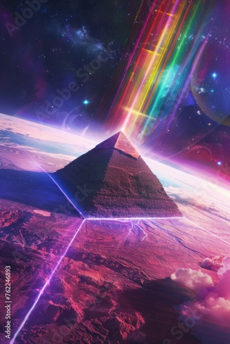 Pyramid Interstellar traveling through time and space crossing multi dimensional planets watching a rainbow light coming towards the earth created with Generative AI Technology