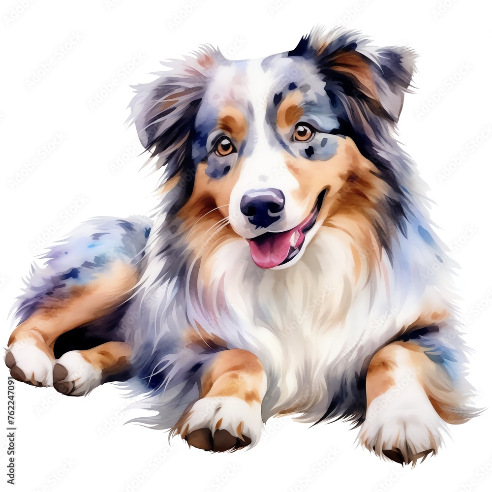 cute watercolor Australian Sheperd dog breed illustration