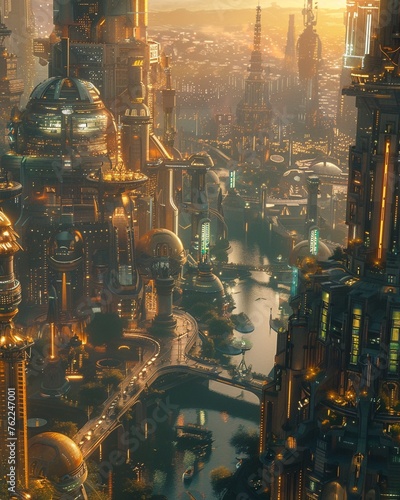 A bustling futuristic city where citizens exchange ideas instead of goods, set in a sustainable metropolis built from recycled materials and powered by renewable energy Realistic, Golden Hour,