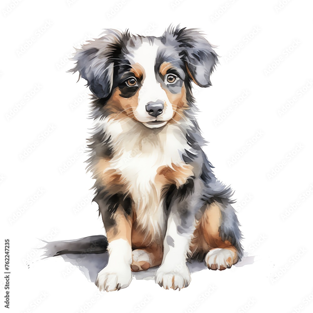 cute watercolor Australian Sheperd dog breed illustration