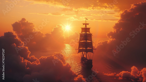 A classic sailing ship gently navigates through calm ocean waters amidst fluffy clouds during a breathtaking sunset, with the sun casting a warm glow and radiant light trails