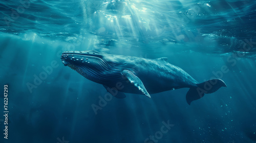 A deep sea view with a majestic blue whale swimming in the midst © standret