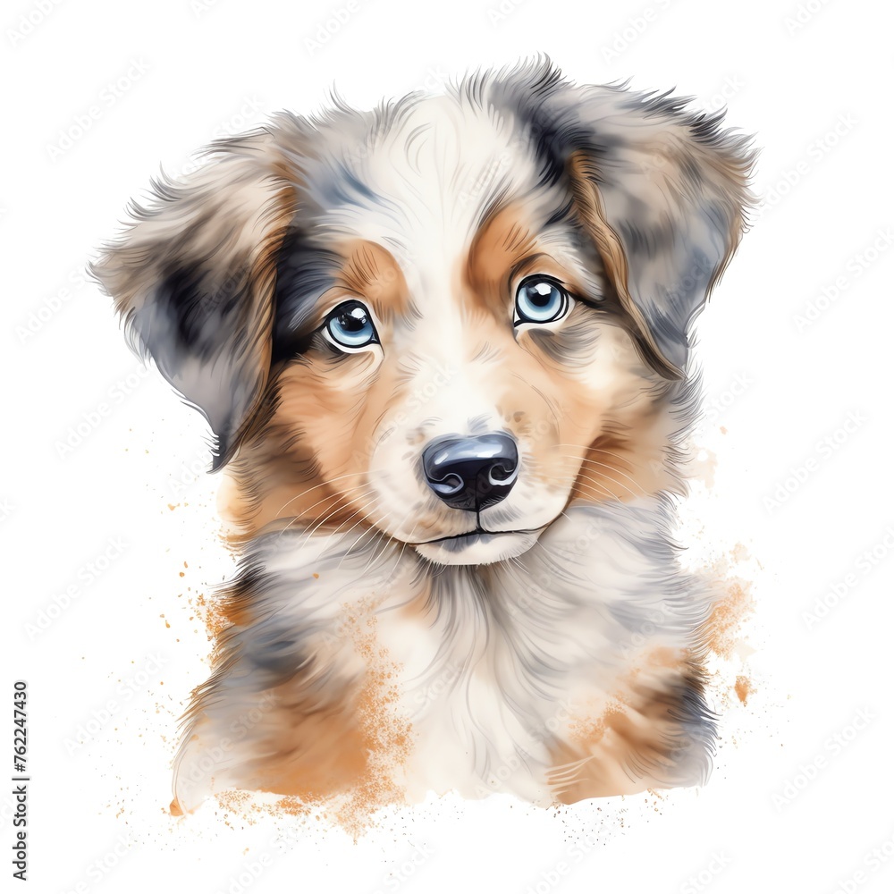 cute watercolor Australian Sheperd dog breed illustration