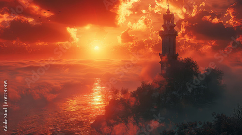 A mystical sunset scene with a majestic tower rising above a sea of clouds. The sky is ablaze with vibrant oranges and reds, reflecting in the waters below.