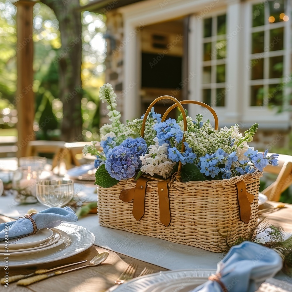 Straw bag filled with hyacinth and carnation, resting on vibrant grass under spring sun, a fresh scene Straw bag filled with hyacinth and carnation, resting on vibrant grass under spring sun, a fresh scene