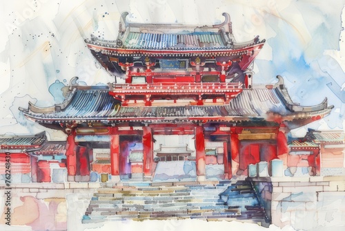 Stunning watercolor display of majestic Shuri Castle It captures the historical grandeur and architectural beauty of the castle.