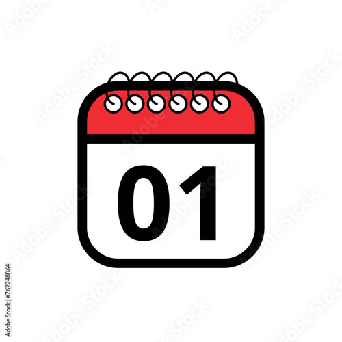 Flat vector icon of red calendar with specific day marked, day 01. Calendar icon for websites, blogs and graphic resources.