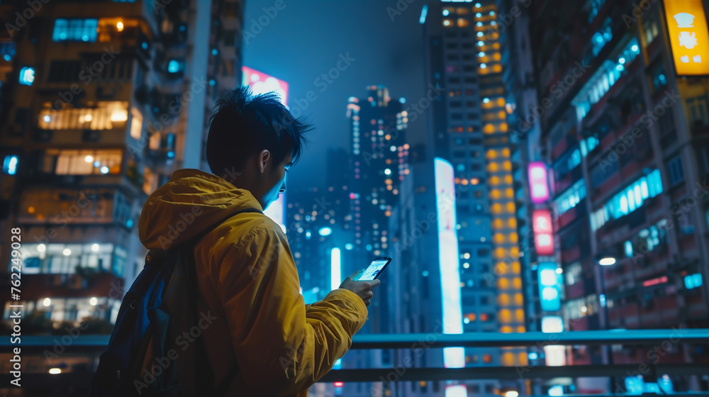 Young Asian man uses smartphone at night on the rooftop of a modern office building. Generative AI. Young Asian man uses smartphone at night on the rooftop of a modern office building. Generative AI.
