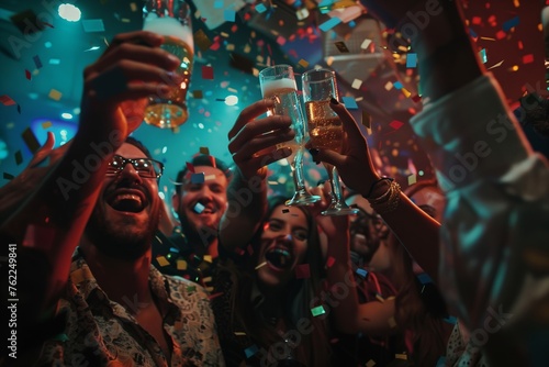 A crowd of people at a public event are raising their glasses in the air, creating a visual arts pattern in the darkness. The scene is reminiscent of a fictional characters celebration