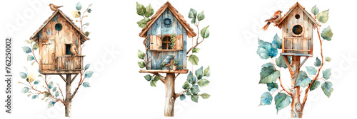 Set of watercolor cozy wooden stylish carved birdhouse with an open balcony, isolated on transparent background photo