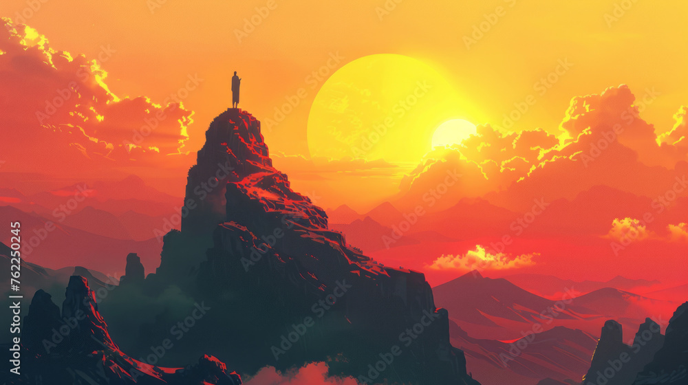 An illustration of a statue on top of a mountain with sunset