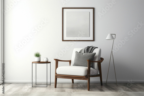 Minimalistic living room decor featuring white frame, armchair, table, lamp.