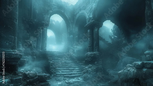 Mystical fog shrouds an ancient stone staircase leading through arches of a ruined medieval castle enveloped in a surreal  ethereal atmosphere.