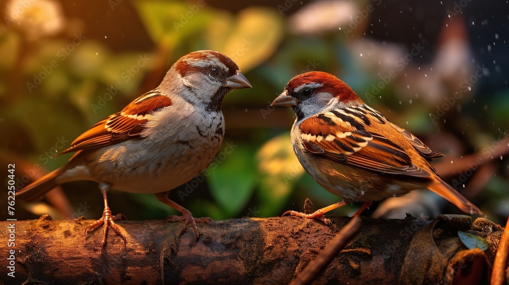 Two sparrows sitting on a log in the sun at sunset Two sparrows sitting on a log in the sun at sunset