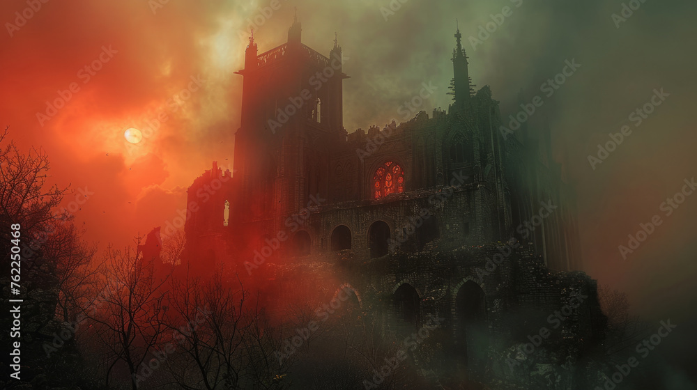 A gothic cathedral emerges from the mist under a dramatic fiery sky. The setting sun casts a warm glow over the eerie scene, illuminating the intricate architecture and surrounding bare trees.