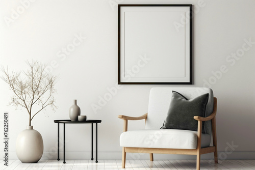 Minimalistic decor in living room with white frame, armchair, table, lamp.