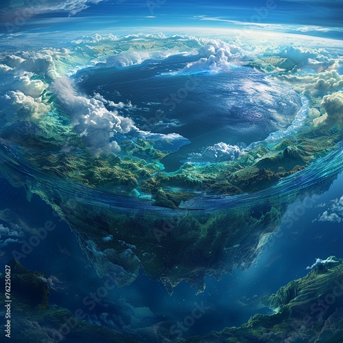 In the center of the image, a supercontinent formed by the merging of Earths continents dominates the scene The surrounding ocean is vast, stretching to the horizon Realistic style, Backlighting to em