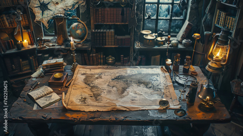 A vintage explorer's desk filled with maps, a globe, compass, lantern, and navigation tools, exuding an atmosphere of adventure and discovery in a dimly lit room with a window in the background.