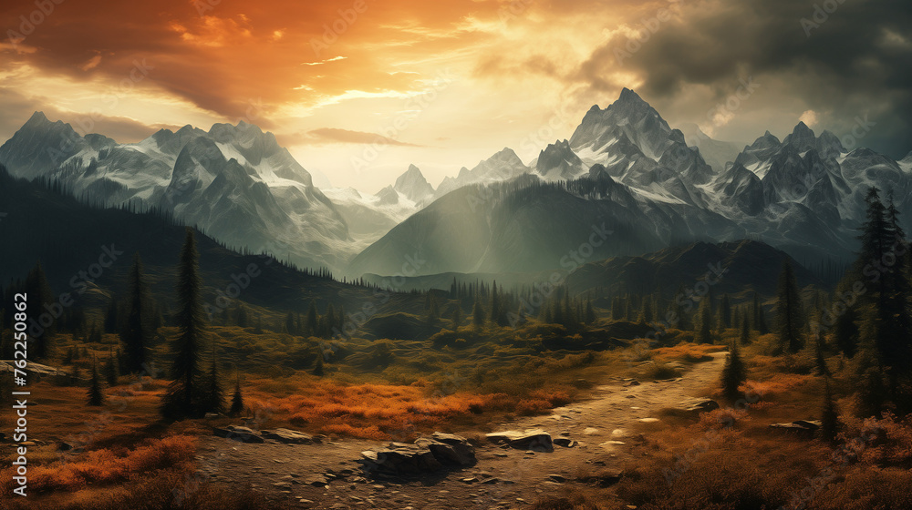 A Stark Contrast of Crimson and Orange Against the Mountains and Forest, Eliciting an Atmosphere of Unease and Intrigue, Ideal for Dramatic Imagery and Conceptual Designs, Capturing the Tension
