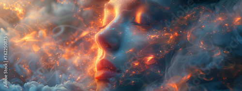 Dreamlike Embers: Woman's face emerging from a fiery cosmic nebula 