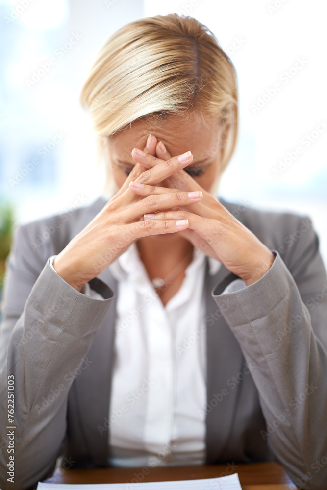 Lawyer, woman and stress with headache in office with hands, worry and tired of case investigation. Advocate, attorney and person with burnout, frustrated and fatigue with legal paperwork at law firm Lawyer, woman and stress with headache in office with hands, worry and tired of case investigation. Advocate, attorney and person with burnout, frustrated and fatigue with legal paperwork at law firm