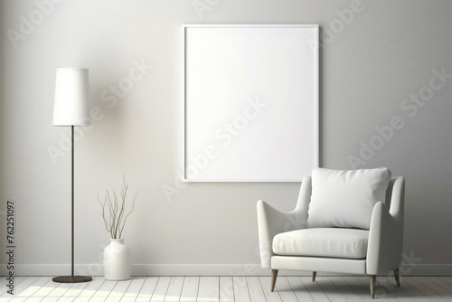 Minimalist white frame hanging in living room with armchair, table, lamp. photo