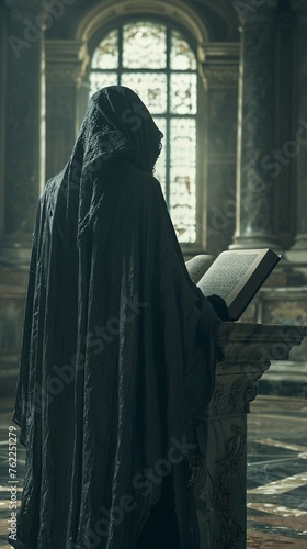 In the dimly lit chamber, an ancient book sits open on a marble pedestal, revealing the secrets of a clandestine society A cloaked figure approaches, shrouded in mystery Photography, Silhouette lighti