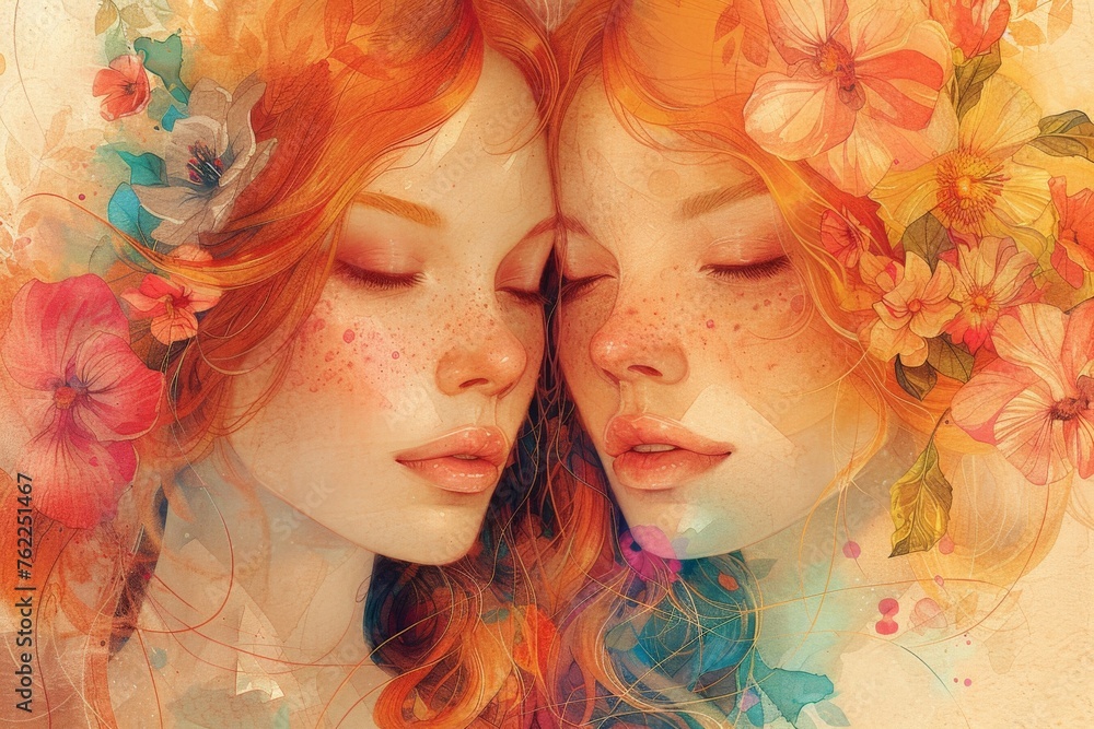 Two women with red hair and flowers in their hair, one with closed eyes and the other with open eyes