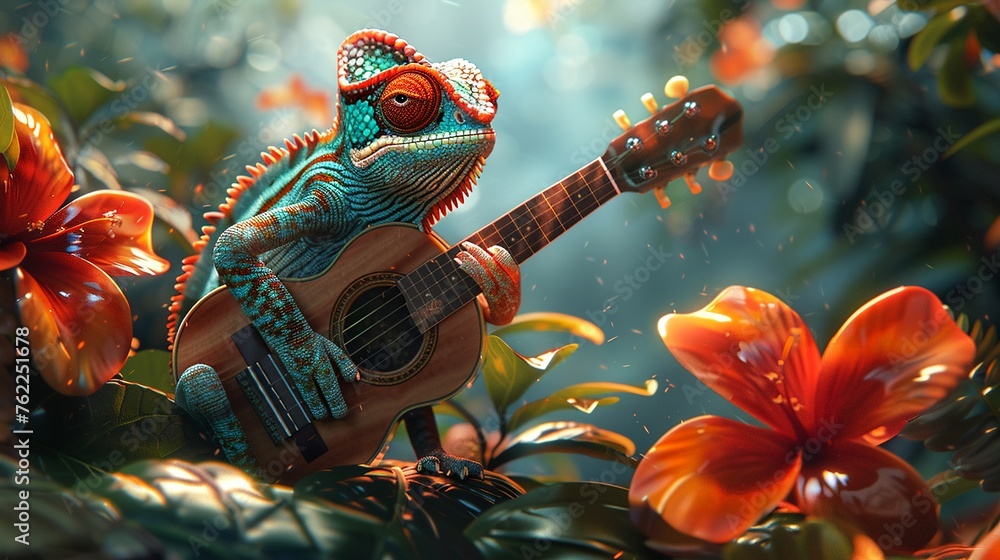 Chameleons with tiny guitars serenading vacationers under a canopy of tropical trees HD sharpness and balance of the image - obrazy, fototapety, plakaty 