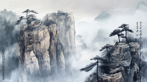 Traditional Chinese watercolor style of forest mountains in China.