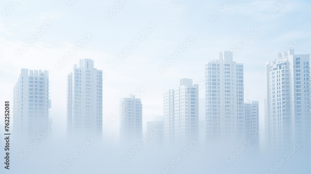 white background, a row of apartment buildings in a white fog, urban abstract panorama, mortgage population social issues