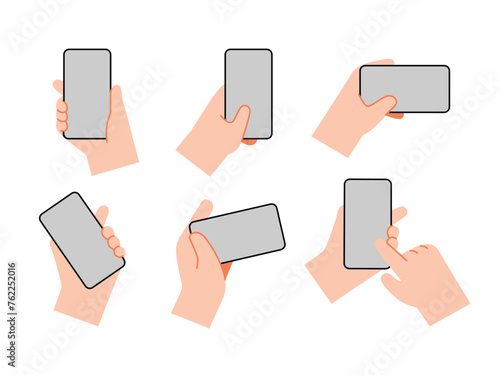 Hands holding mobile phones set. Fingers touching, tapping, scrolling smartphone screens, using applications. People handling with cellphones. Flat vector illustration isolated on white background