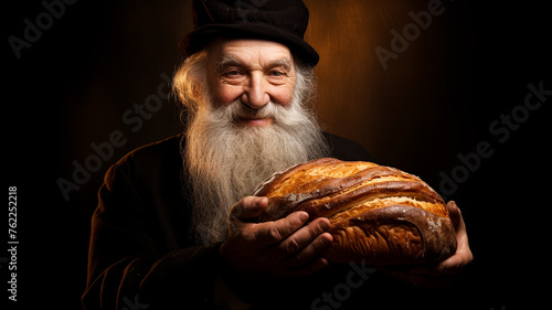 old jewish rabbi holding in hands bread