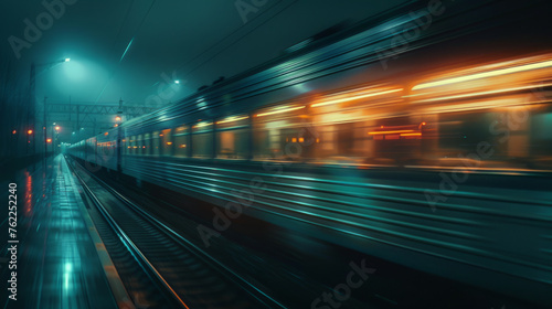 A high-speed train in motion on tracks at night  its lights blurring into streaks against a dark  atmospheric backdrop and a mood of rapid movement and modern transportation.