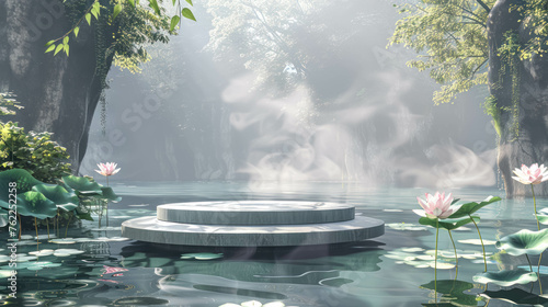 Presentation Products Podium In Serene Ambience With Water Basin And Lotus. Japanese Inspired Podium To Promote Products © Immersive Dimension