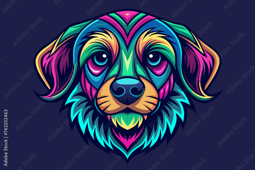  a hippy dog head, print ready vector t-shirt design, sticker dark black background, professional vector, high detail, t-shirt design, graffiti, vibrant, Use only all shades of magenta, teal blue