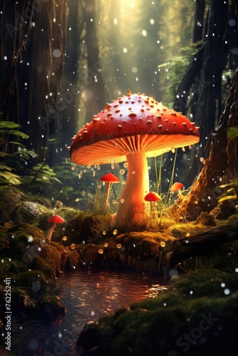 Fly agaric mushroom in a forest setting with small mushrooms around it.