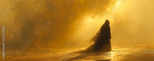 On a desolate beach, a figure in a hooded cloak sifts through sand, finding objects that trigger memories from different dimensions Painting style, silhouette lighting photo