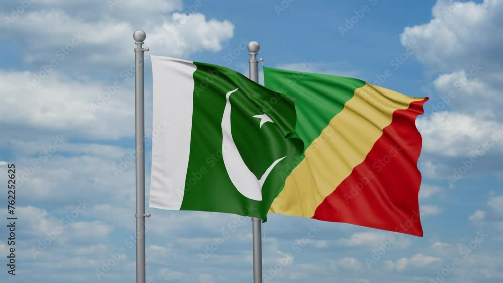 Republic of the Congo and Pakistan two flags waving together, looped video, two country relations concept Republic of the Congo and Pakistan two flags waving together, looped video, two country relations concept