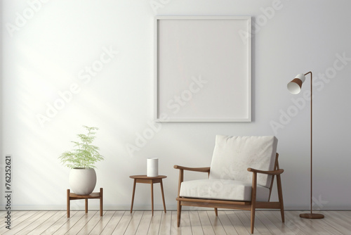 Minimalist living room featuring white frame, armchair, table, and lamp.