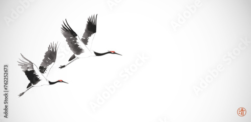 Ink wash painting with cranes in flight on white background. Traditional oriental ink painting sumi-e, u-sin, go-hua. Hieroglyph - clarity. © elinacious
