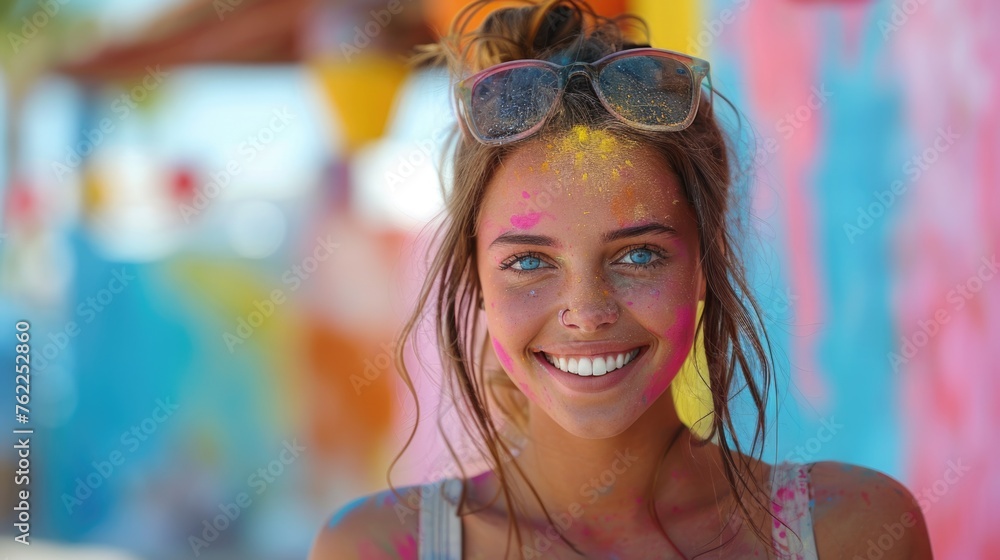 Smiling young woman with colorful holi powder on face and sunglasses on head Smiling young woman with colorful holi powder on face and sunglasses on head