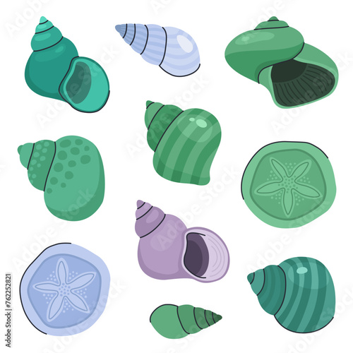 Set of various seashells. Green and blue seashells. Cartoon vector illustration.