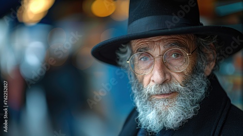 Elderly man with a beard wearing a black hat. Detailed portrait with blurred background