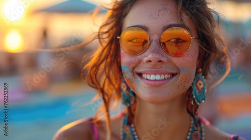 Young woman with colorful paint on face wearing glasses
