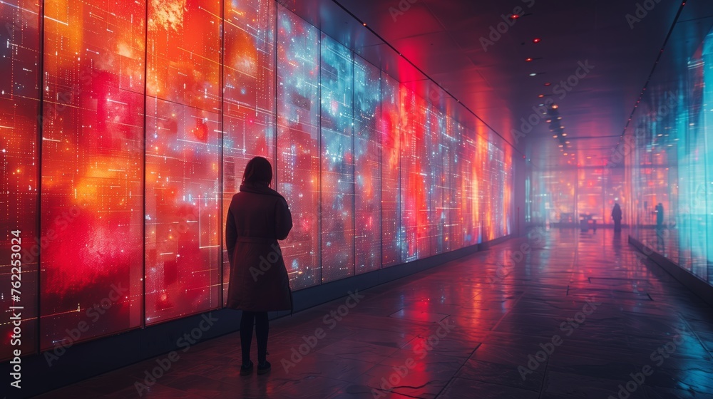 Woman Posing in Front of Colorful Light-Filled Wall