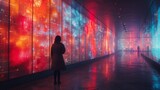 Woman Posing in Front of Colorful Light-Filled Wall