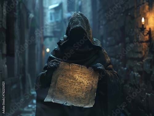 A hooded figure sneaks through a shadowy alley, clutching a scroll marked with esoteric symbols of a secret society Create a 3D render image, showcasing the figure in a silhouette lighting effect, enh