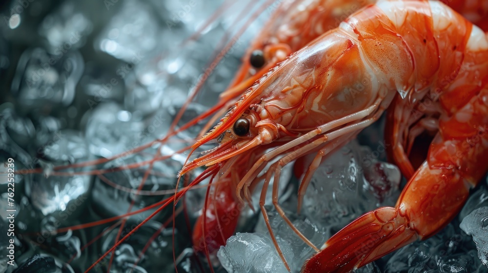 Red crayfish on ice with water splashes. Red crayfish on ice with water splashes.