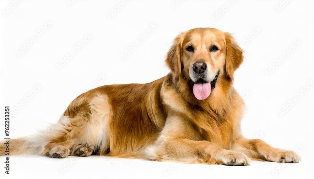 Golden Retriever dog - Canis lupus familiaris - great popular family domestic animal good with children isolated on white background tongue out while panting, laying and looking towards camera